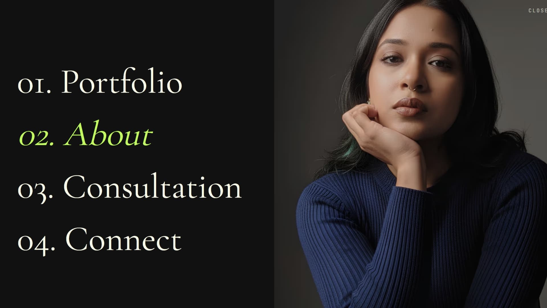 Meet Prerna site navigation menu listing Portfolio, About, Consultation and Connect, with the About section highlighted.
