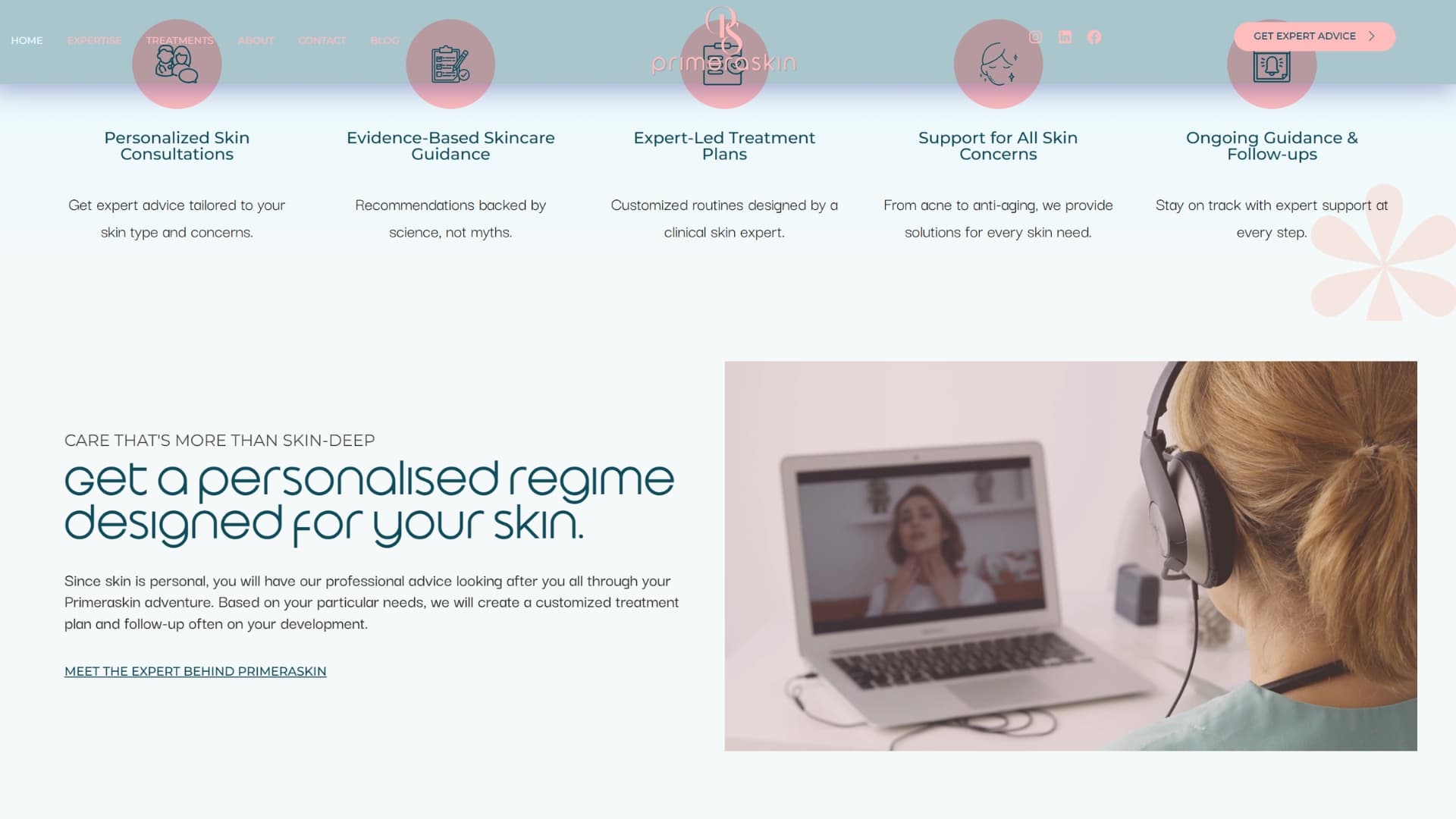 PrimeraSkin website section on personalised skin regimens, showing treatment categories and a video consultation in progress.